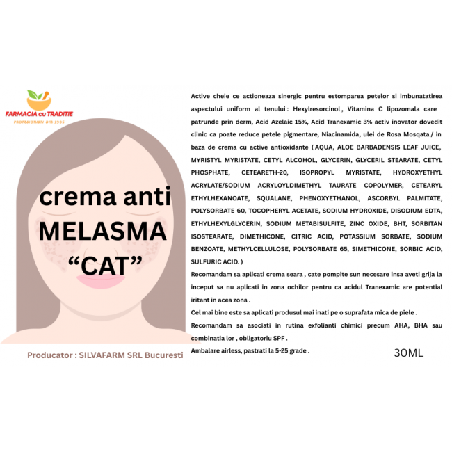 CREMA ANTI MELASMA "CAT" - vitamina C lipo, Azelaic, Tranexamic acid . 30ml CREMA ANTI MELASMA "CAT" - vitamina C lipo, Azelaic, Tranexamic acid . 30ml